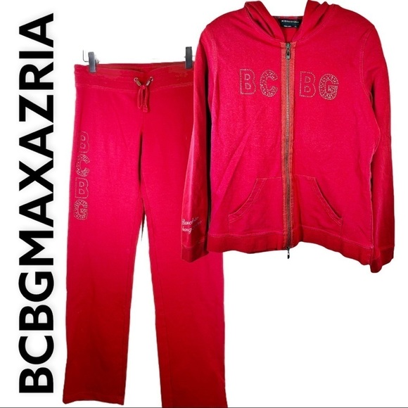 BCBGMAXAZRIA Y2K Red Rhinestone Logo 2 Piece Track Suit, Size Large - Picture 1 of 15